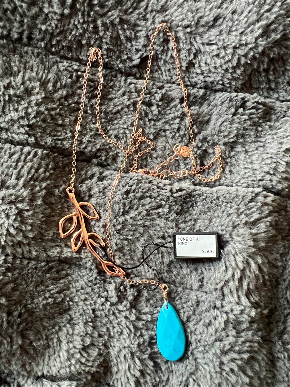 Rose Gold Leaf Necklace with Turquoise Teardrop Accent